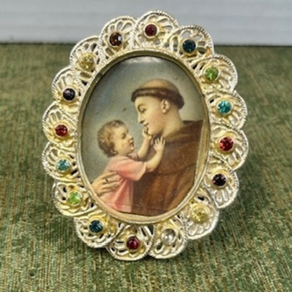 Vintage Saint Anthony and‎ Child Jesus Miniature Portrait Jeweled Filigree Frame